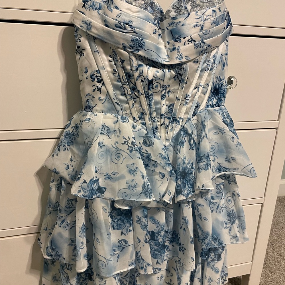 Floral Blue and White Strapless Dress- Sherri hill copy